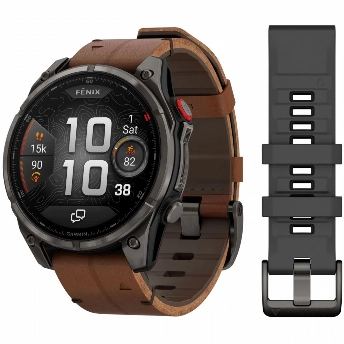 Умные часы Garmin Fenix 8 Pro, 47 мм, AMOLED Sapphire Carbon Grey DLC Titanium/Chestnut Leather Band + Pabble gray silicone