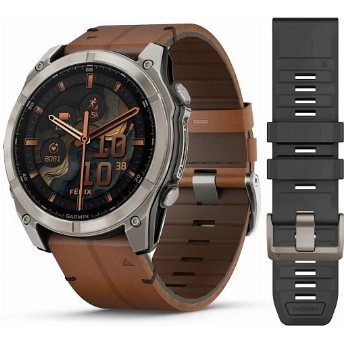 Умные часы Garmin Fenix 8, 51 мм, AMOLED Sapphire Bare Titanium / Black / Chestnut Leather Band + Grapphite Silicone Band